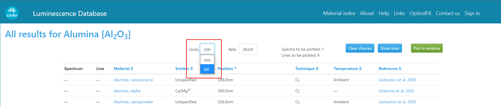 Changing the position units from nm (for wavelength) to eV (for energy) using the 'Units' dropdown list.